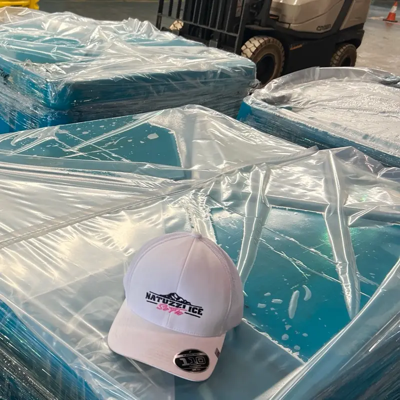 Natuzzi Ice SoFlo cap on shrink-wrapped insulated dry ice totes, ready to load